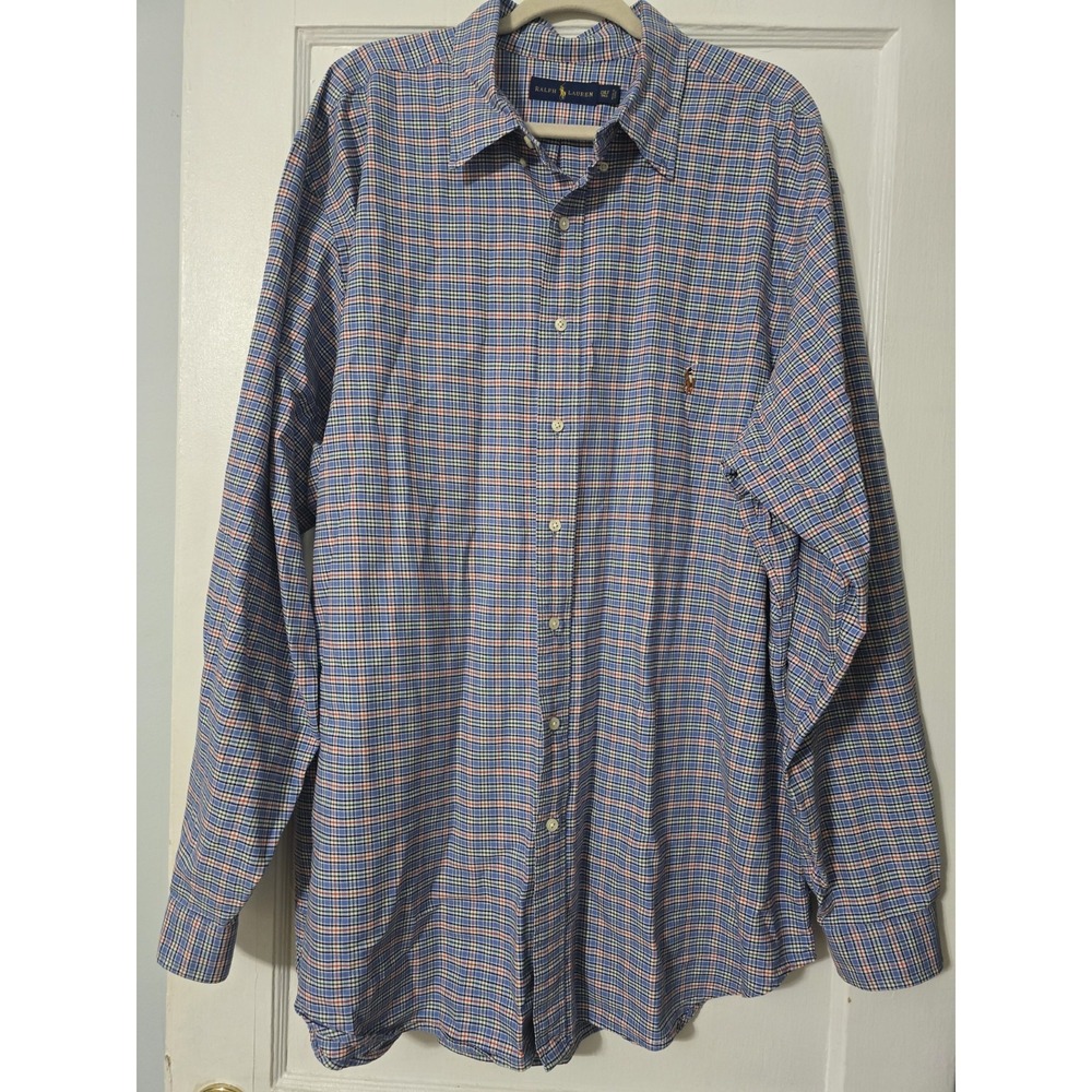 Ralph Lauren  Shirt Men 2XLT  Blue Red Plaid Long Sleeve Button‎ Down EUC